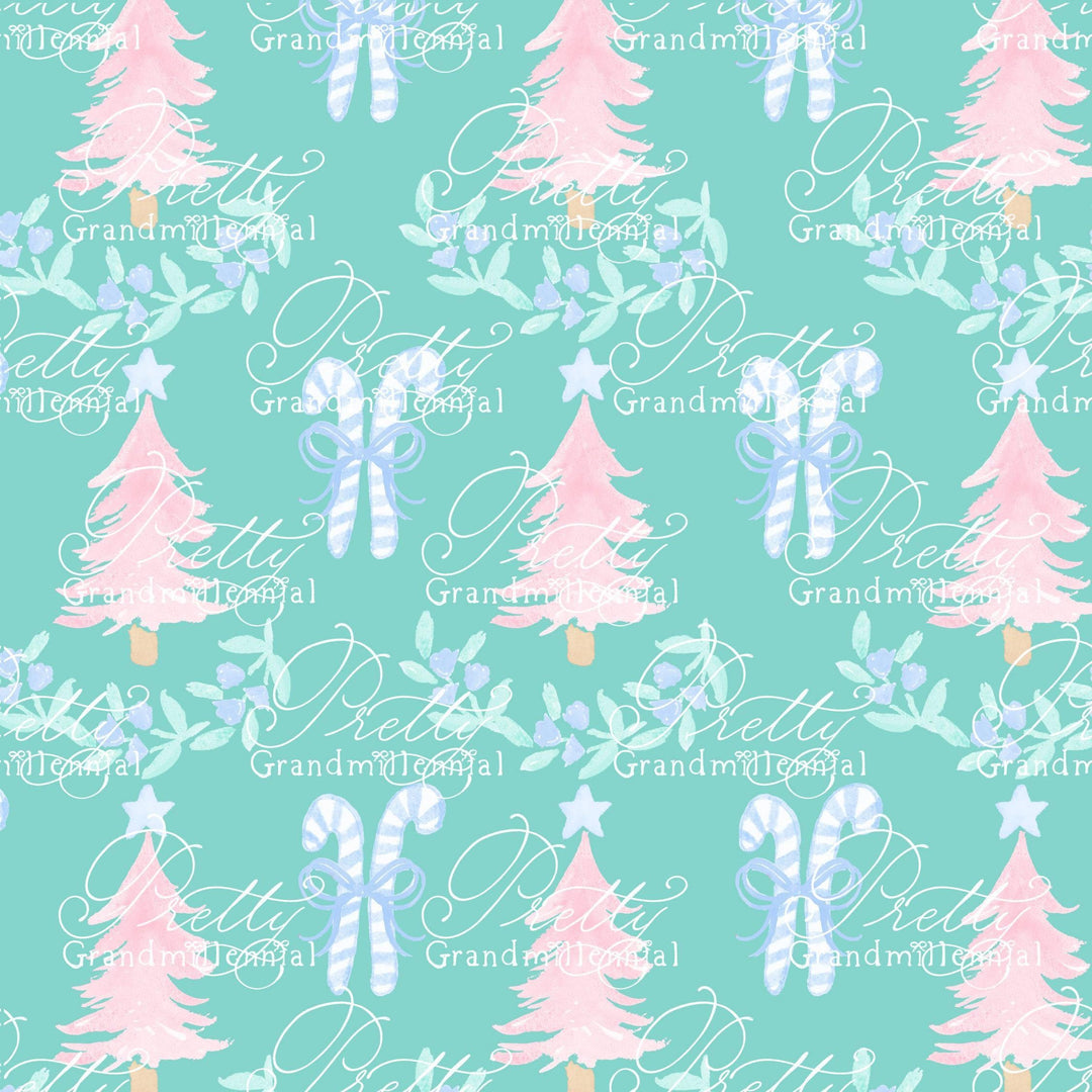 Candy cane pattern, Grandmillennial Christmas pattern, Christmas tree pattern, seamless pattern print, blue Christmas tree pattern - PrettyGrandmillennai