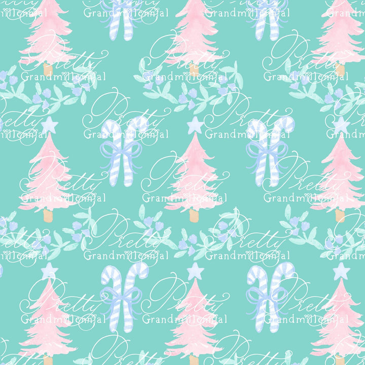 Candy cane pattern, Grandmillennial Christmas pattern, Christmas tree pattern, seamless pattern print, blue Christmas tree pattern - PrettyGrandmillennai