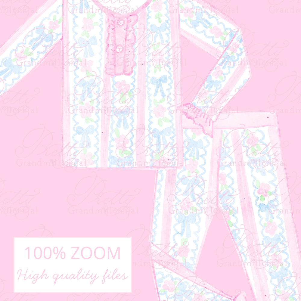 Grandmillennial pjs clipart, preppy pajamas clipart, pjs party clipart, girls pjs clipart, watercolor pyjamas, pjs and pancakes party - PrettyGrandmillennai