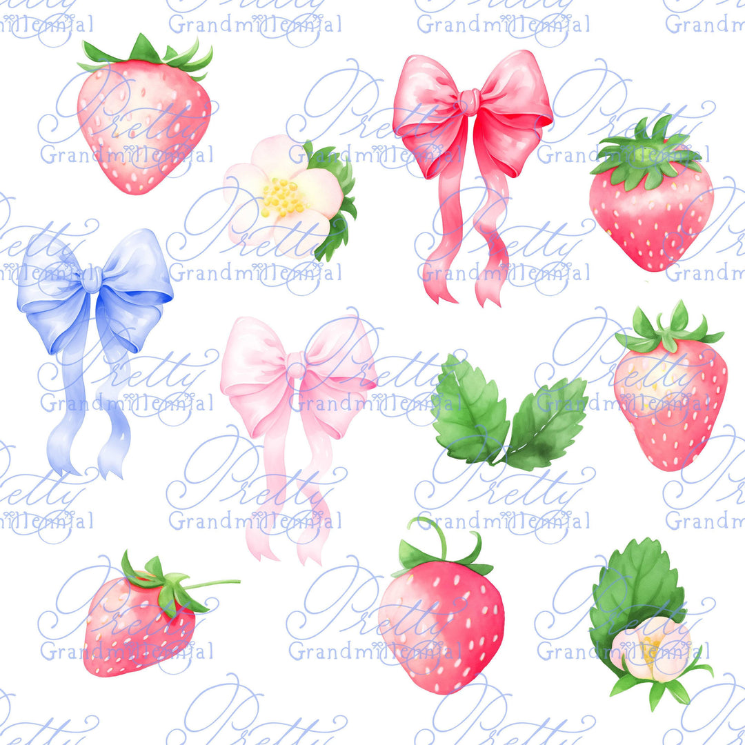 Strawberries clipart, Summer clipart, bows clipart, grandmillennial lane, grandmillennial clipart, pretty grandmillennial, watercolor preppy - PrettyGrandmillennai
