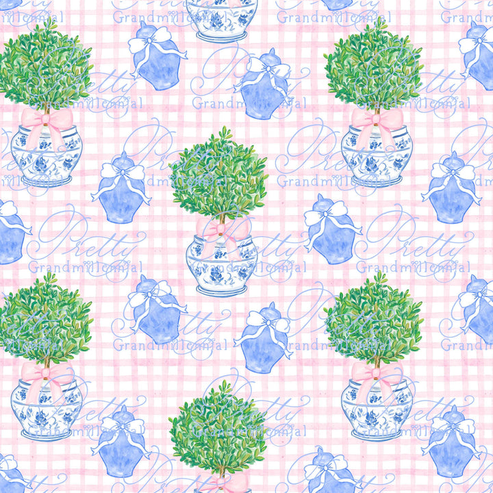 Ginger jar pattern, preppy boxwood pattern, seamless pattern, bow pattern, seamless pattern flowers, ginger jar, grandmillennial pattern - PrettyGrandmillennai