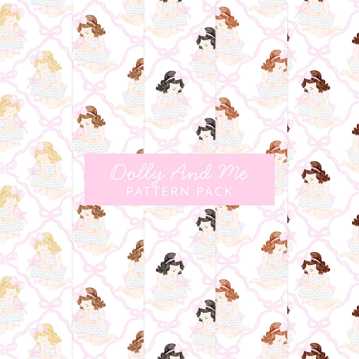 Seamless patterns, Grandmillennial Preppy girl holding doll, floral bubble, clipart, preppy patterns - PrettyGrandmillennai