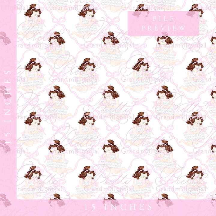 Seamless patterns, Grandmillennial Preppy girl holding doll, floral bubble, clipart, preppy patterns - PrettyGrandmillennai