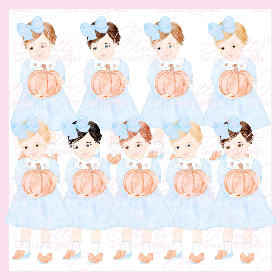 Grandmillennial Dall Preppy girl holding pumpkin, preppy clipart, pumpkin fall clipart, preppy watercolor clipart - PrettyGrandmillennai