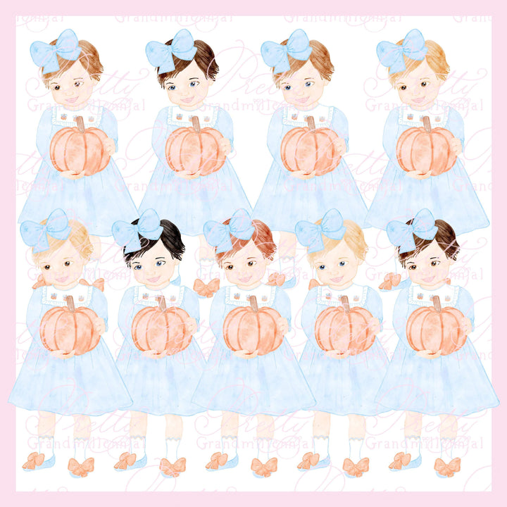 Grandmillennial Dall Preppy girl holding pumpkin, preppy clipart, pumpkin fall clipart, preppy watercolor clipart - PrettyGrandmillennai