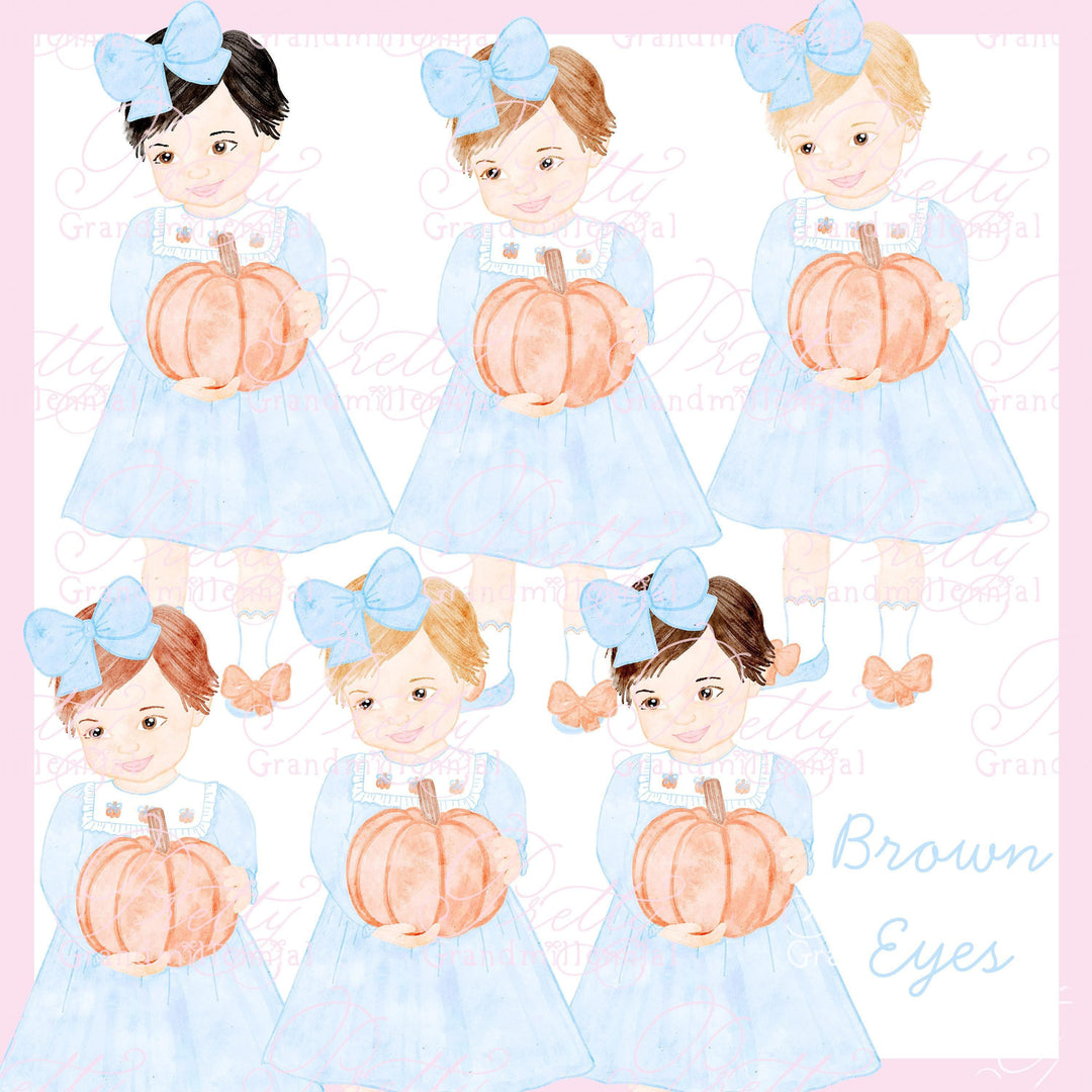 Grandmillennial Dall Preppy girl holding pumpkin, preppy clipart, pumpkin fall clipart, preppy watercolor clipart - PrettyGrandmillennai