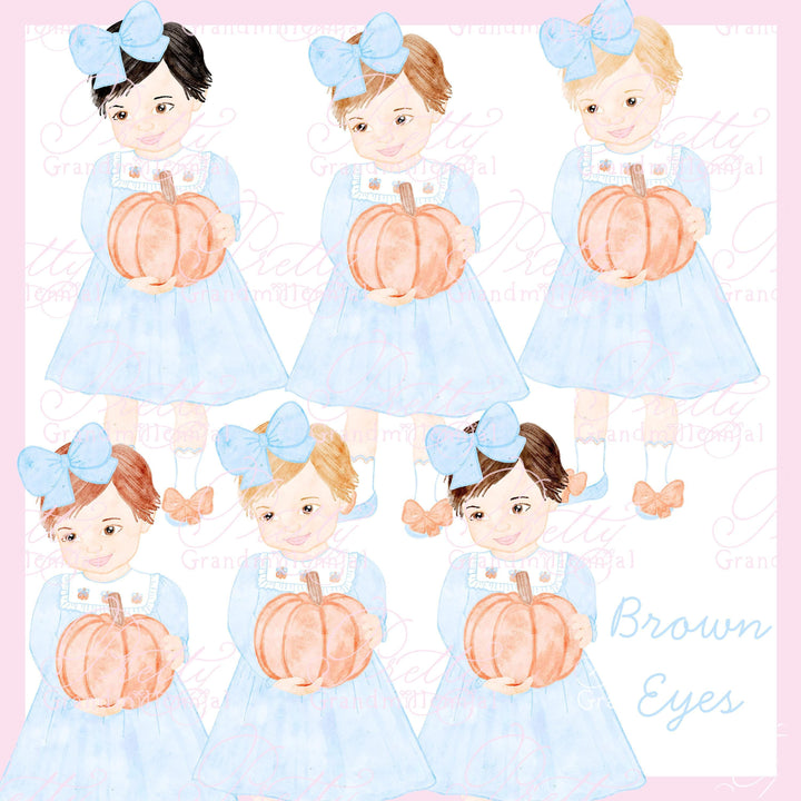 Grandmillennial Dall Preppy girl holding pumpkin, preppy clipart, pumpkin fall clipart, preppy watercolor clipart - PrettyGrandmillennai