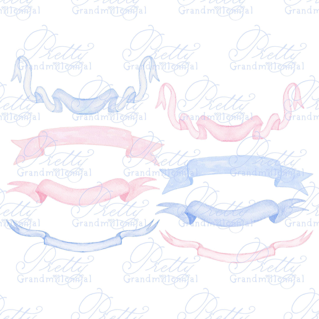Watercolor ribbons, watercolor bows, watercolor banner ribbons, grandmillennial, watercolor banners clipart, banners clipart - PrettyGrandmillennai