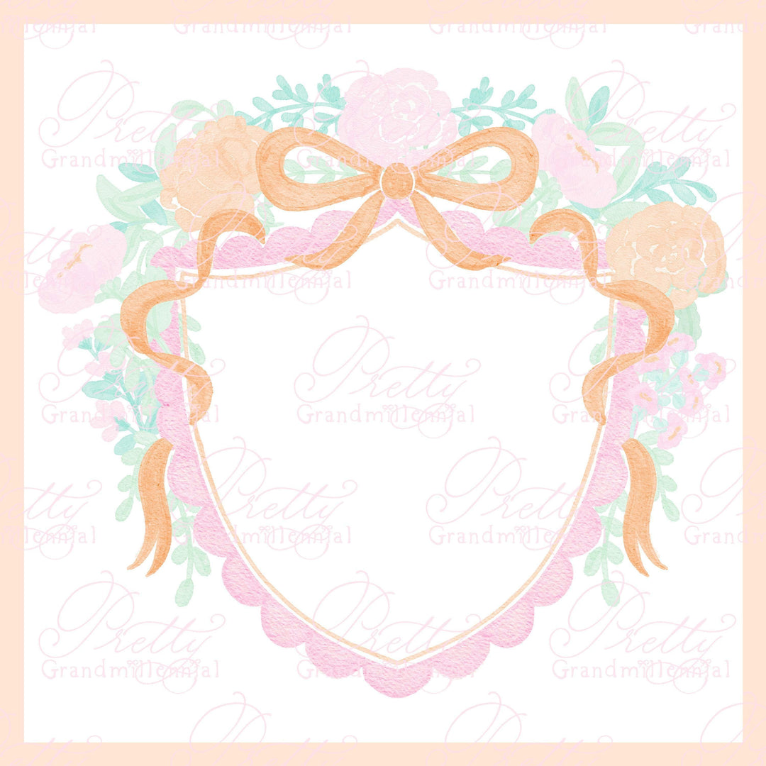 Orange Bow Crest, fall crest clipart, watercolor crest, fall wedding crest, grandmillennial, watercolor crest, orange scallop crest - PrettyGrandmillennai