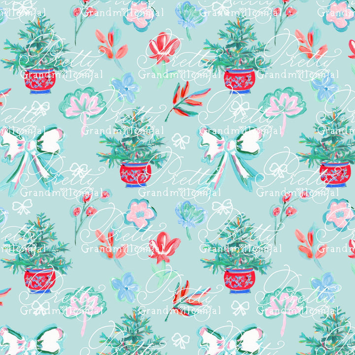 Christmas Floral pattern, Grandmillennial clipart, grandmillennial seamless pattern, bows seamless pattern, floral seamless pattern - PrettyGrandmillennai