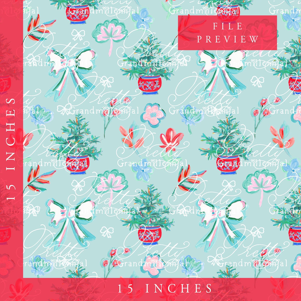 Christmas Floral pattern, Grandmillennial clipart, grandmillennial seamless pattern, bows seamless pattern, floral seamless pattern - PrettyGrandmillennai