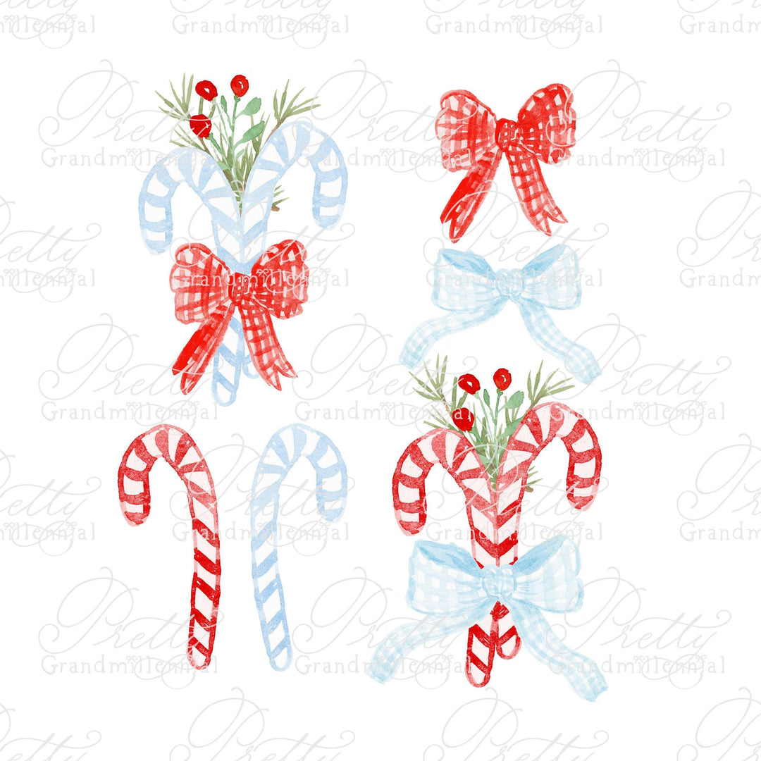 Christmas Watercolor Candy Canes & Gingham Bows, watercolor candy canes, christmas candy canes, candy canes clipart, grandmillennial clipart - PrettyGrandmillennai