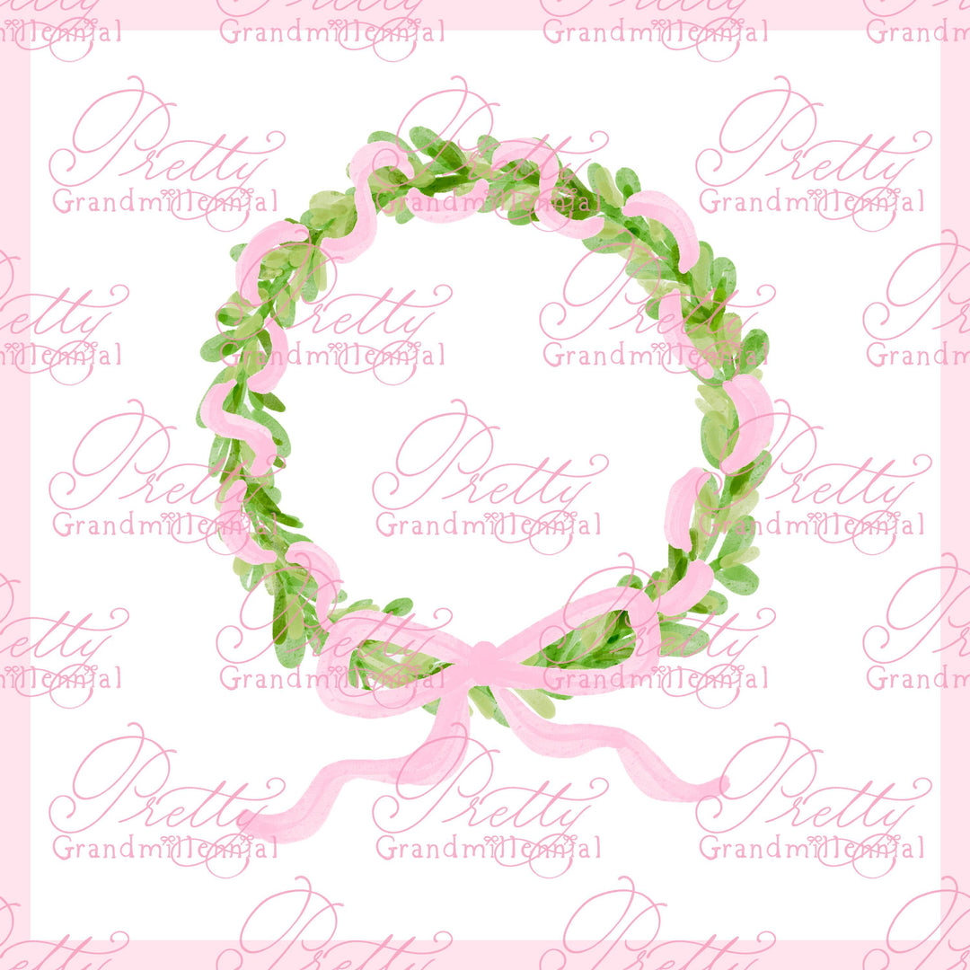 Grandmillennial wreath clipart, Christmas wreath clipart, pink bow ribbon clipart, bow wreath clipart, preppy clipart, watercolor clipart - PrettyGrandmillennai