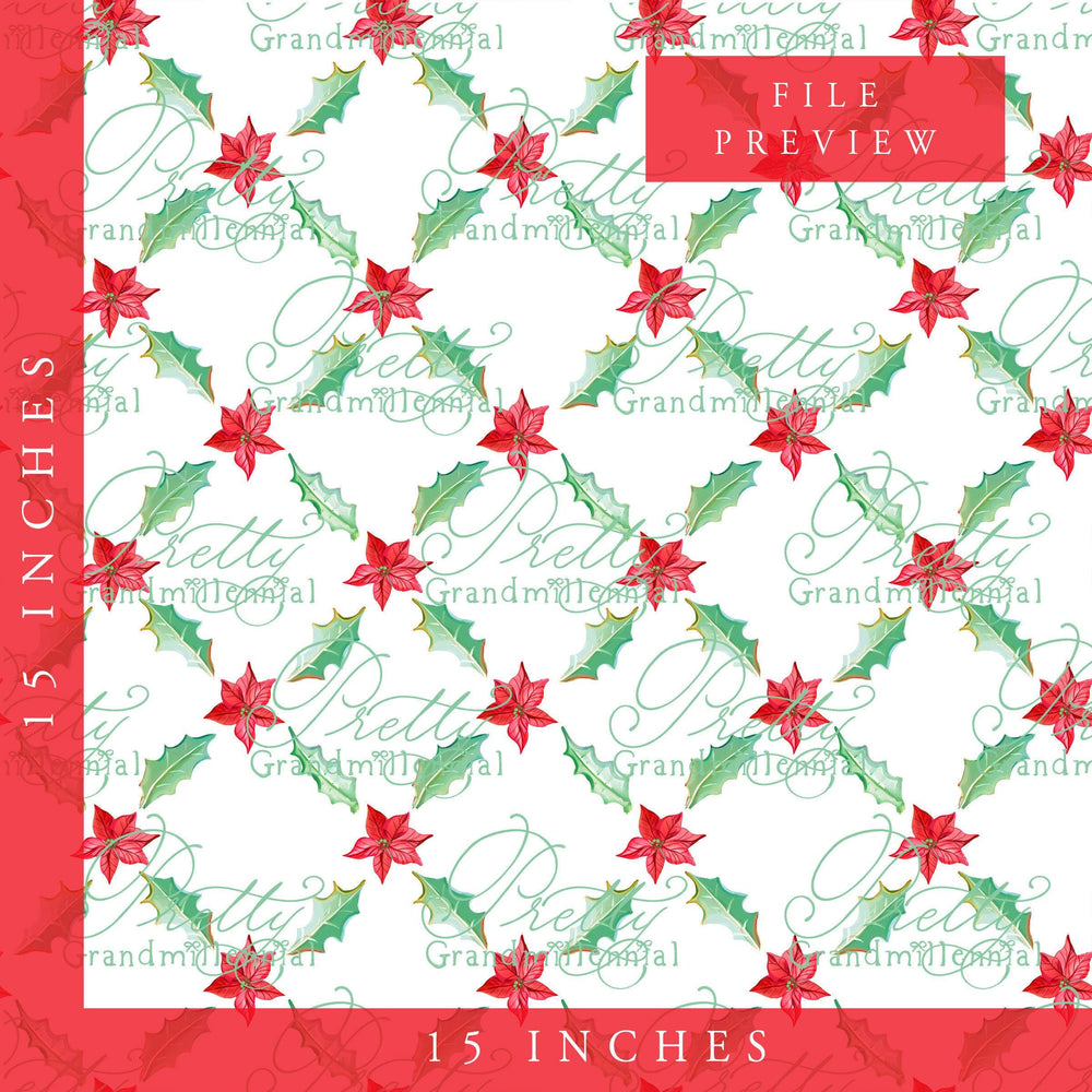 Christmas red flower and holly pattern, Christmas seamless pattern, pattern shop, grandmillennial, trellis holly pattern, print shop, preppy - PrettyGrandmillennai
