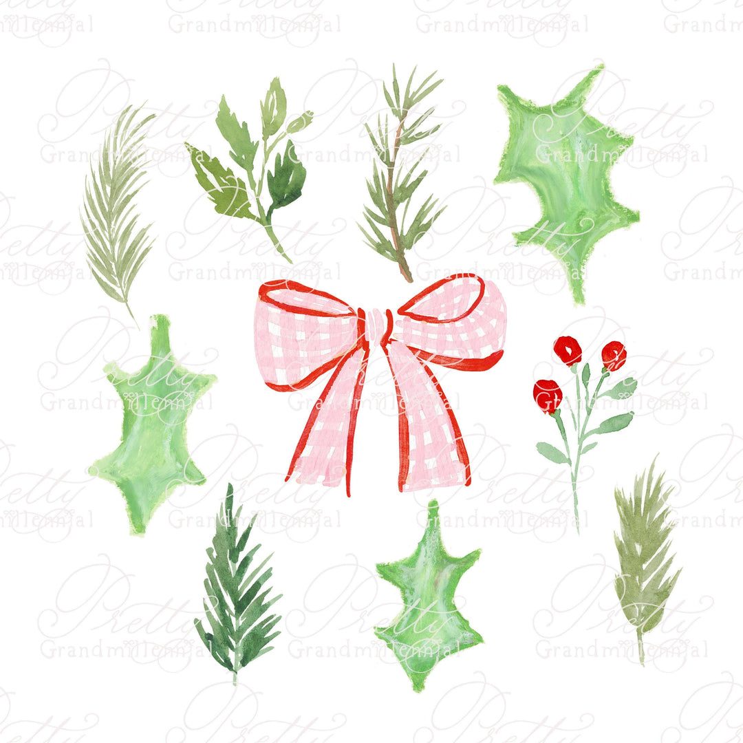 Watercolor Christmas clipart, gingham bow clipart, Christmas holly clipart, watercolor holly clipart, berries, leaves, grandmillennial - PrettyGrandmillennai