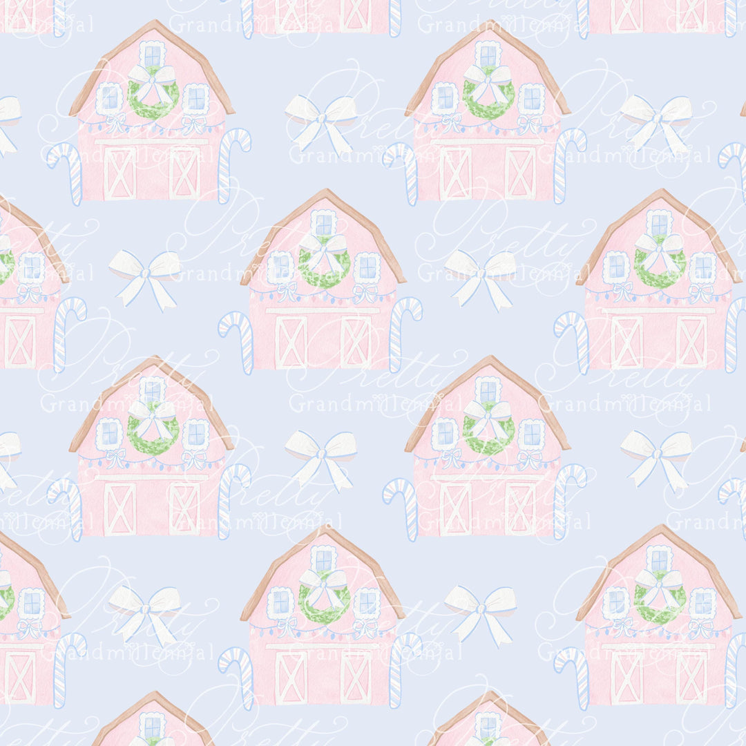 Christmas pink barn pattern, pink barn clipart, Cute barn, southern country Christmas, seamless pattern, wreath bow, candy canes, pattern - PrettyGrandmillennai