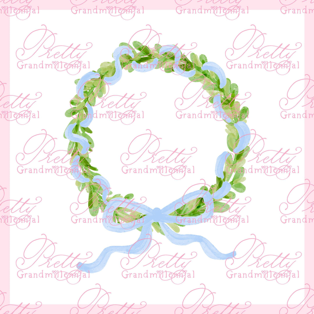 Grandmillennial wreath clipart, Christmas wreath clipart, blue bow ribbon clipart, bow wreath clipart, preppy clipart, watercolor clipart - PrettyGrandmillennai
