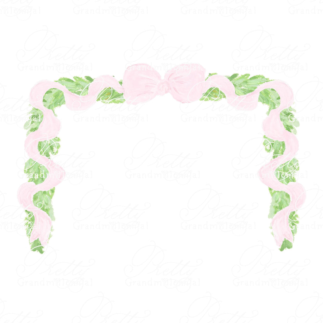 Swag Fir Garland Pink Ribbon Frame Clipart, grandmillennial clipart, garland ribbon bow, garland clipart, garland frame clipart, fir swag - PrettyGrandmillennai