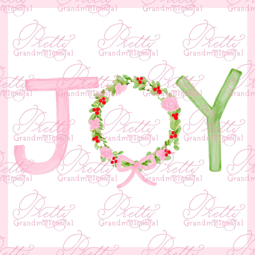 JOY Christmas graphic, grandmillennial, clipart Christmas, preppy clipart, Watercolor Christmas wreath, Christmas clipart - PrettyGrandmillennai