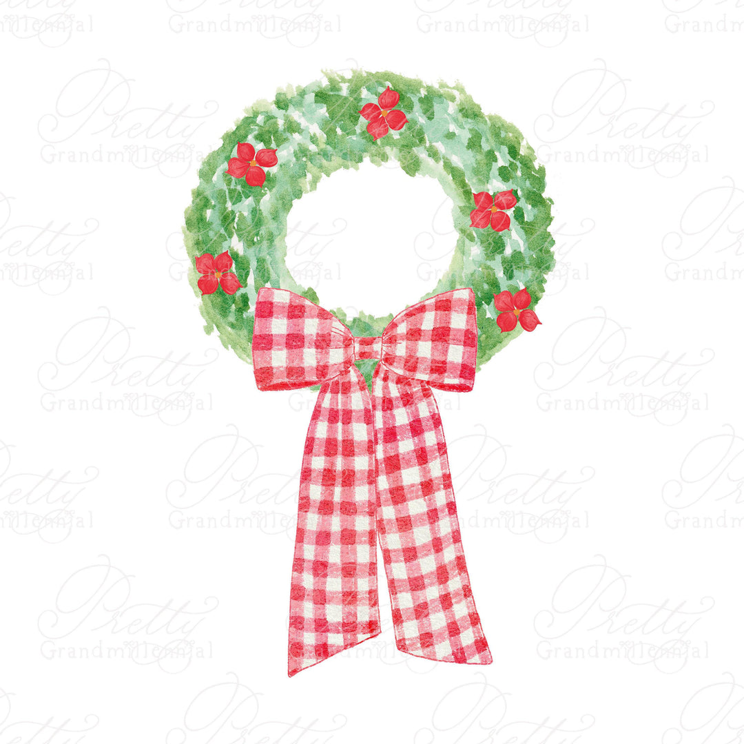 Watecolor Christmas wreath, watercolor wreath, gingham Christmas bow, bow wreath, commercial use clipart, watercolor clipart Christmas - PrettyGrandmillennai