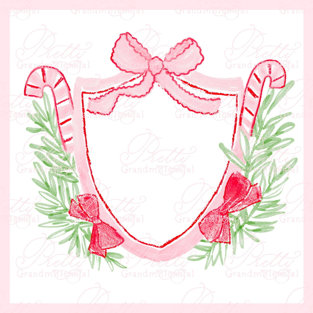 Preppy Christmas candy cane crest bows, png design, watercolor grandmillennial crest, double bow crest - PrettyGrandmillennai