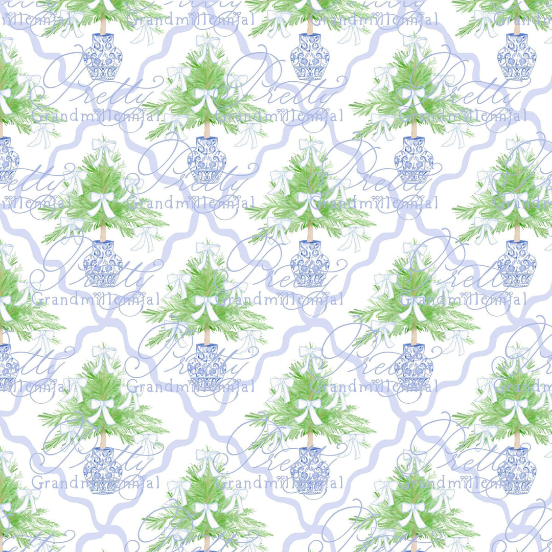 Grandmillennial Christmas tree pattern, preppy Christmas pattern, scallop trellis seamless pattern, bows, coquette pattern - PrettyGrandmillennai