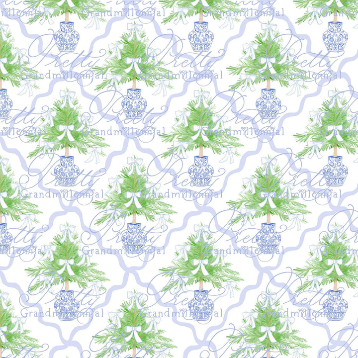 Grandmillennial Christmas tree pattern, preppy Christmas pattern, scallop trellis seamless pattern, bows, coquette pattern - PrettyGrandmillennai