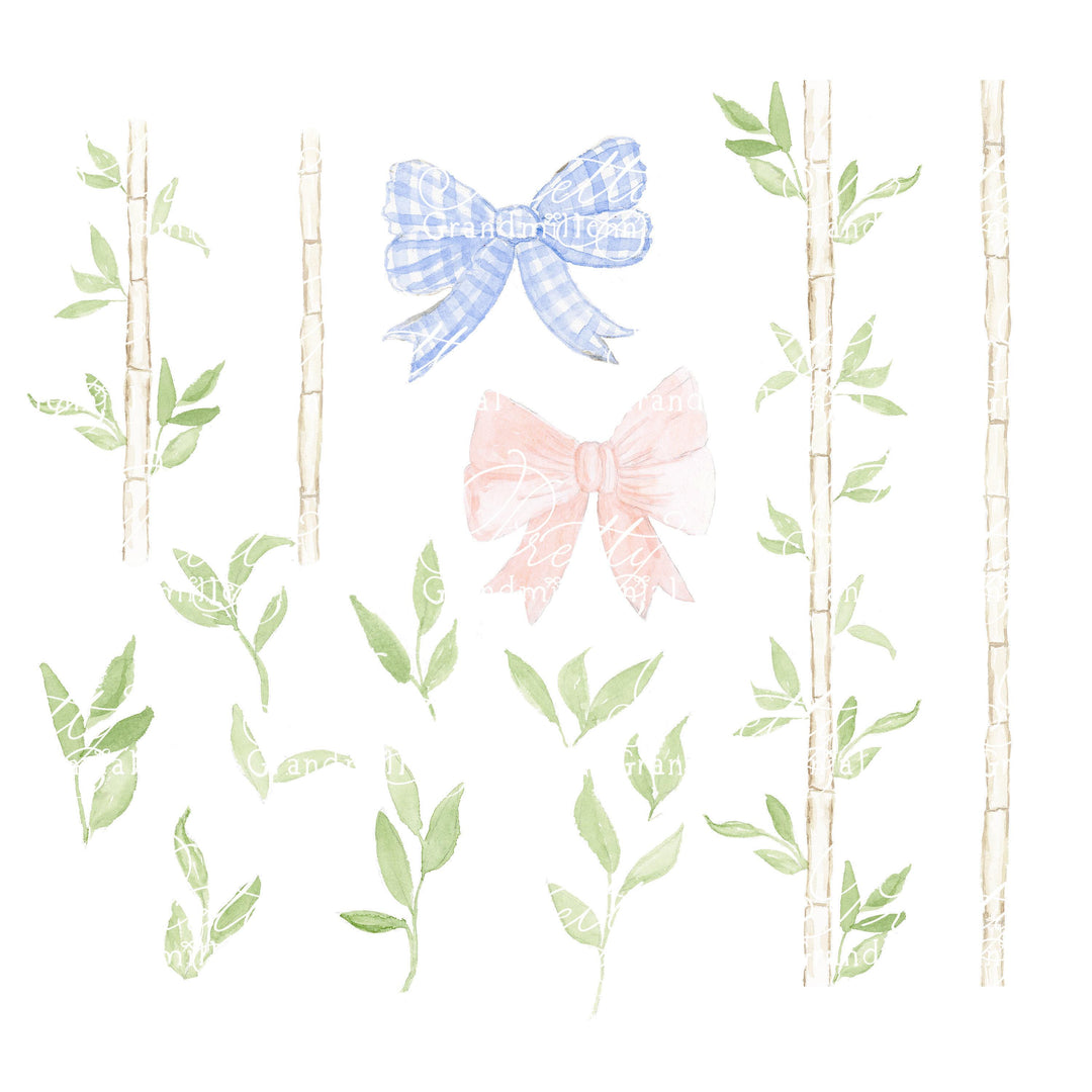 Watercolor bamboo clipart, seamless bamboo graphic, leaves, bows, gingham bows, grandmillennial, bamboo graphic, bamboo watercolor clipart - PrettyGrandmillennai