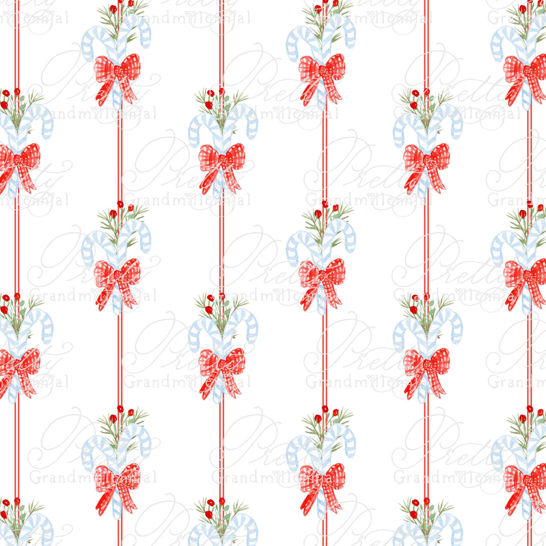 Christmas Watercolor Candy Canes & Gingham Bows, Candy cane pattern, watercolor candy canes, Christmas pattern, grandmillennial pattern - PrettyGrandmillennai