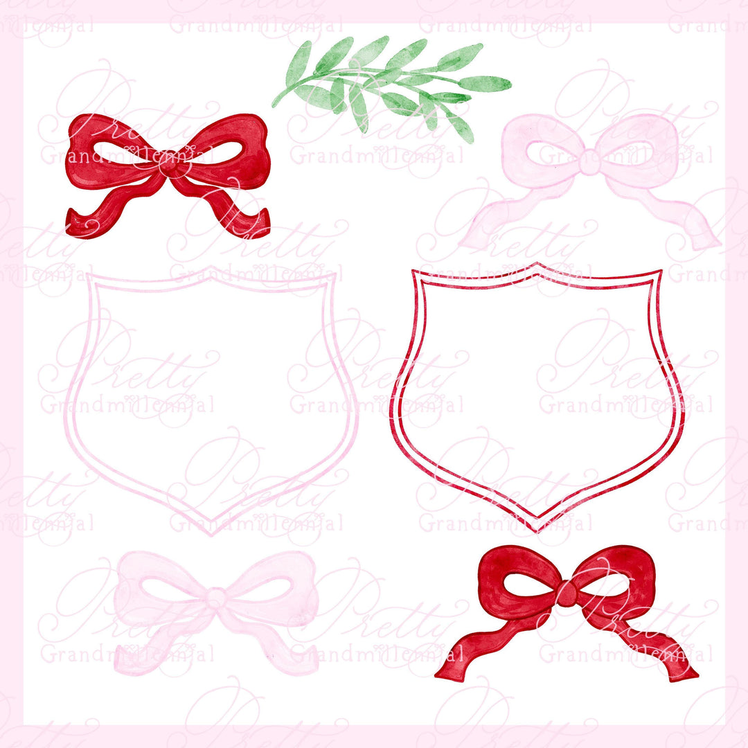 Grandmillennial Preppy crest, Christmas crest, Christmas bows, red bows, preppy clipart, watercolor crest kit - PrettyGrandmillennai