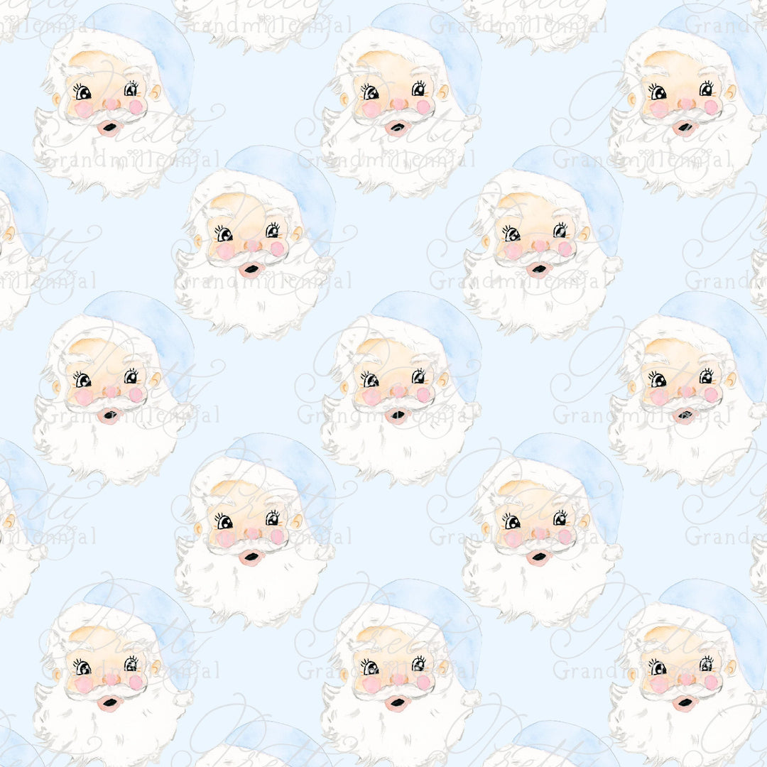 Blue Vintage Watercolor Santa, Vintage santa watercolor, santa pattern, Christmas santa pattern, pink santa pattern, grandmillennial - PrettyGrandmillennai
