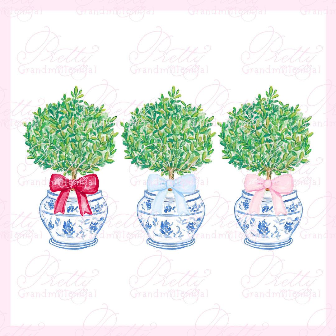 Grandmillennial Preppy topiary boxwood wreath, boxwood chinoiserie plant, Christmas bow wreath, clipart, preppy clipart,Chinoiserie vase pot - PrettyGrandmillennai