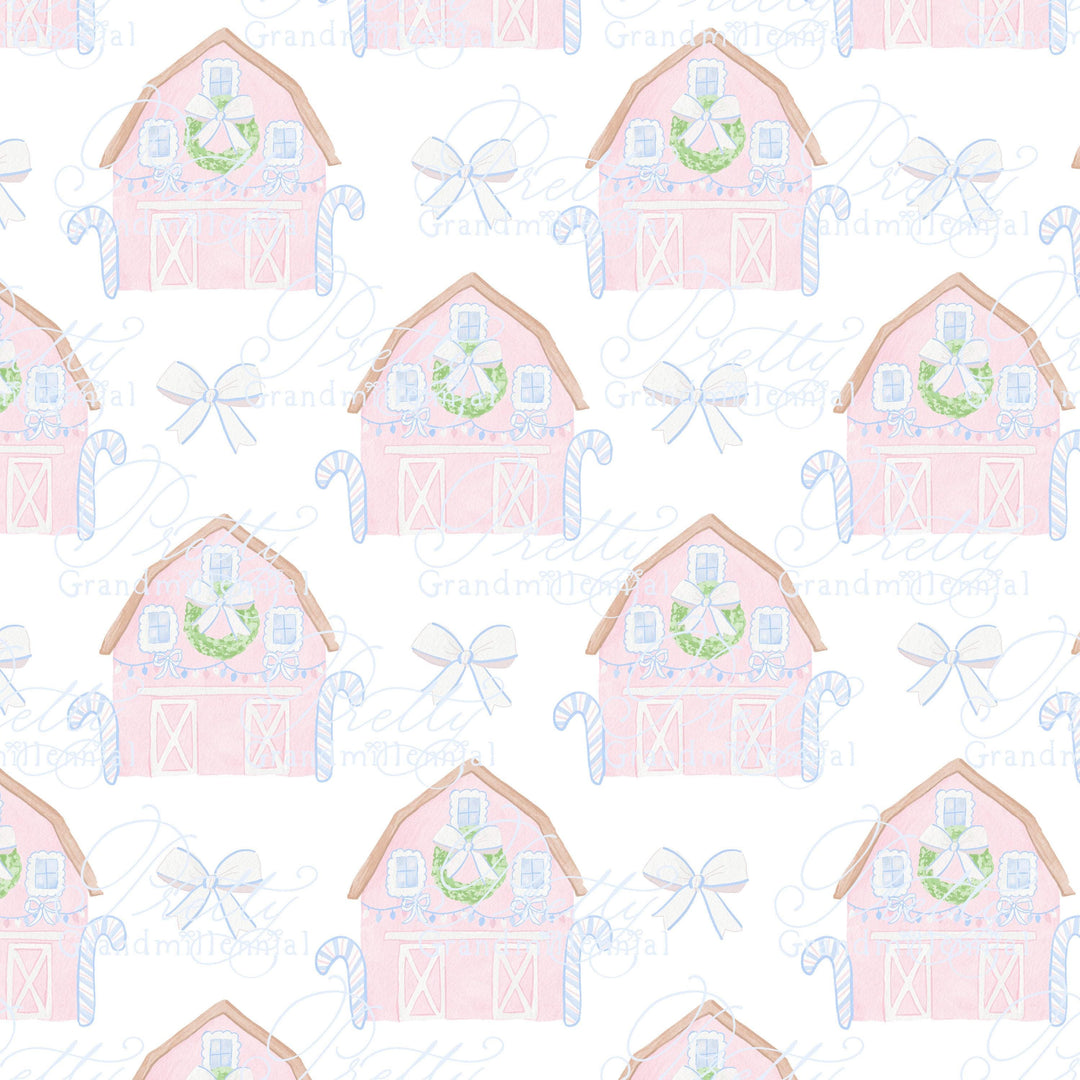 Christmas pink barn pattern, pink barn clipart, Cute barn, southern country Christmas, seamless pattern, wreath bow, candy canes, pattern - PrettyGrandmillennai