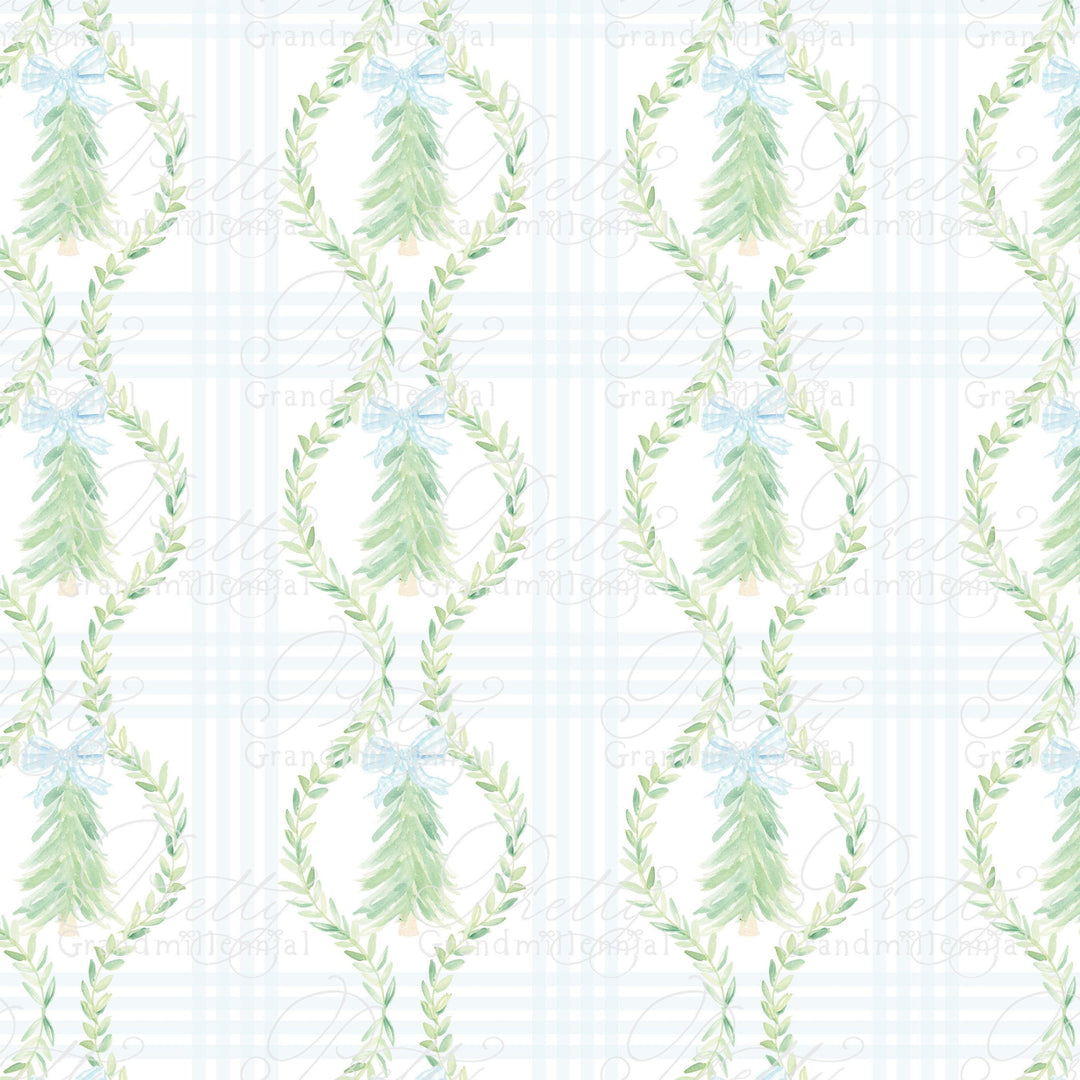 Watercolor Christmas Tree Garland Blue Gingham, plaid pattern, christmas pattern, seamless patterns, grandmillennial christmas, watercolor - PrettyGrandmillennai