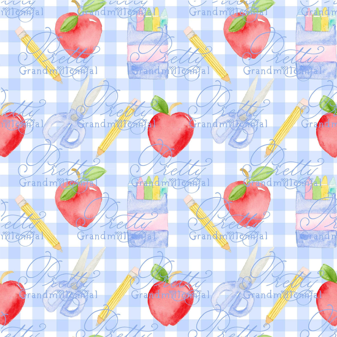 Grandmillennial Back to school pattern, apple print, watercolor school pattern, red apple print, gingham pattern, back to school pattern - PrettyGrandmillennai