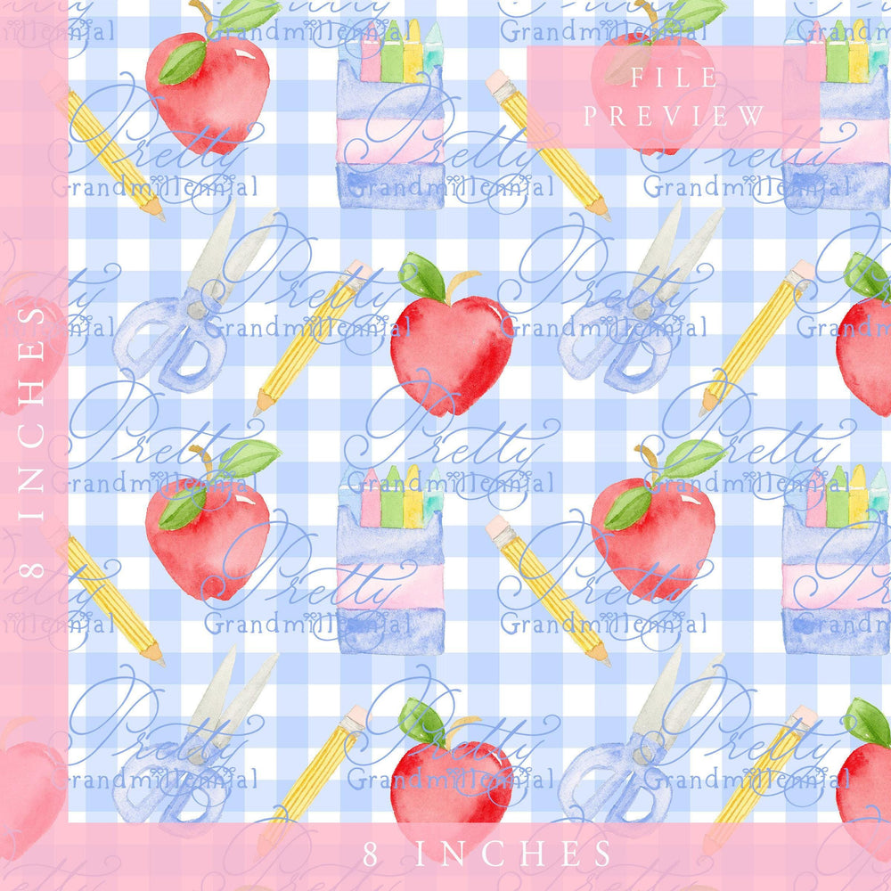 Grandmillennial Back to school pattern, apple print, watercolor school pattern, red apple print, gingham pattern, back to school pattern - PrettyGrandmillennai