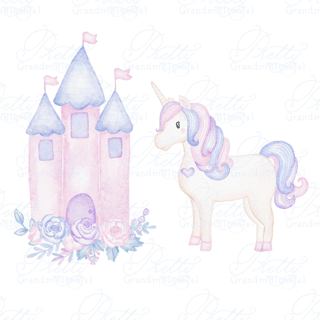 Watercolor unicorn clipart, castle clipart, watercolor castle clipart, unicorn watercolor, grandmillennial clipart, watercolor graphics - PrettyGrandmillennai