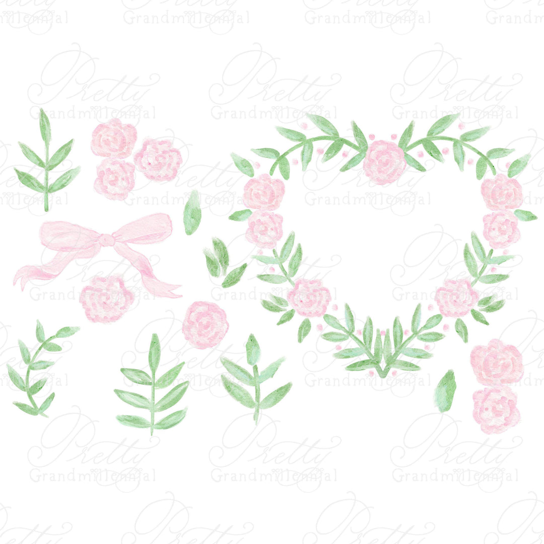 Watercolor Valentine's Day Clipart, heart rose frame clipart, grandmillennial clipart, watercolor roses clipart, commercial use clipart - PrettyGrandmillennai