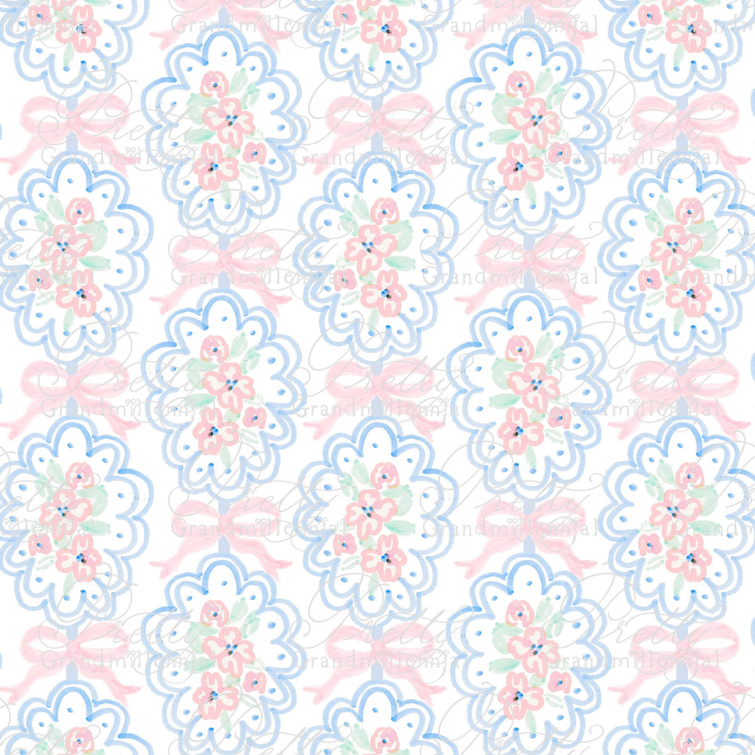 Romantic flowers scalloped frame bows pattern, alcohol markers art patterns, floral pattern, grandmillennial pattern, grandmillennial - PrettyGrandmillennai
