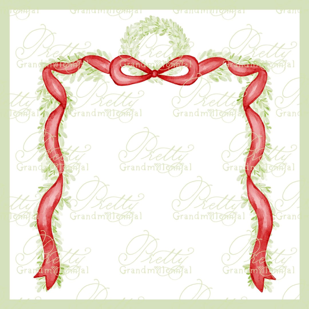Preppy Christmas garland frame, Christmas frame, red ribbon bow frame, preppy Christmas clipart, grandmillennial clipart - PrettyGrandmillennai