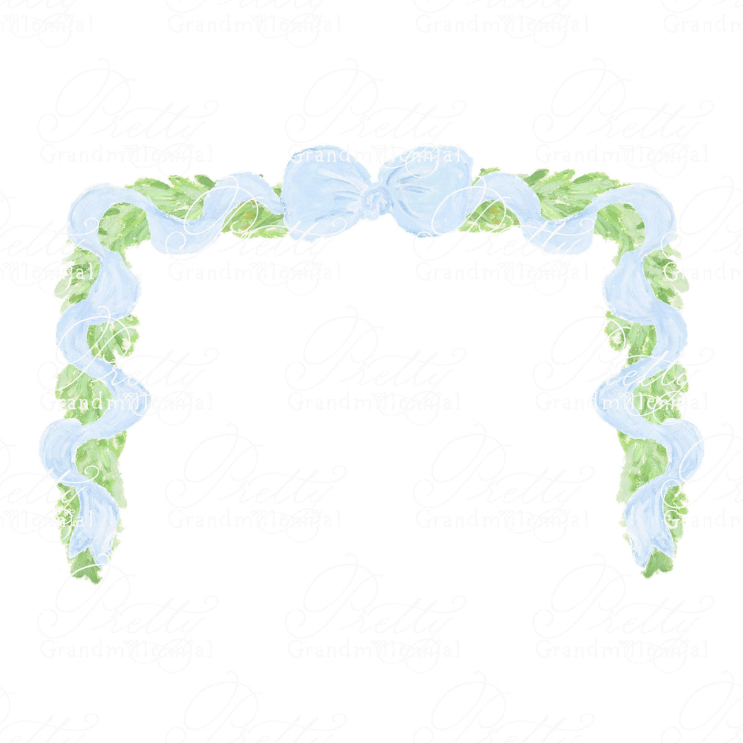 Swag Fir Garland Blue Ribbon Frame Clipart, grandmillennial clipart, garland ribbon bow, garland clipart, garland frame clipart, fir swag - PrettyGrandmillennai