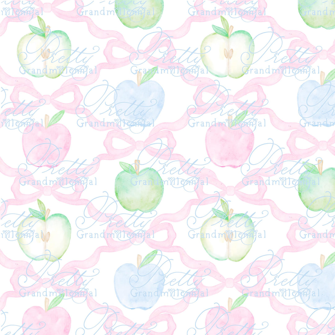Watercolor Apples Ribbonerie Coquette Bows, Seamless Pattern, Grandmillennial Style (PNG file) - PrettyGrandmillennai