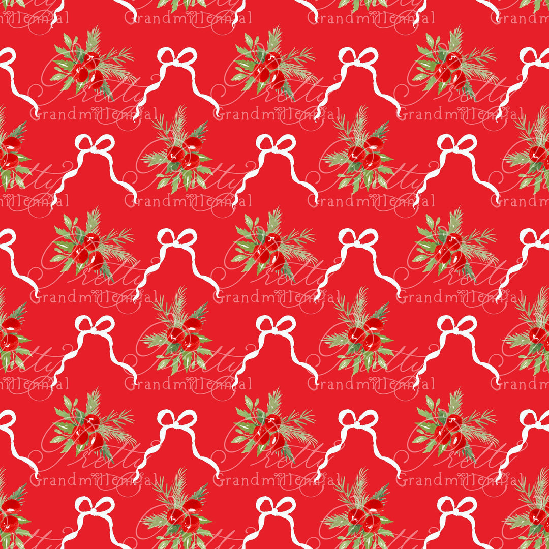 Christmas berries pattern, seamless pattern, christmas pattern, seamless pattern, grandmillennial pattern, ribbon pattern, christmas - PrettyGrandmillennai