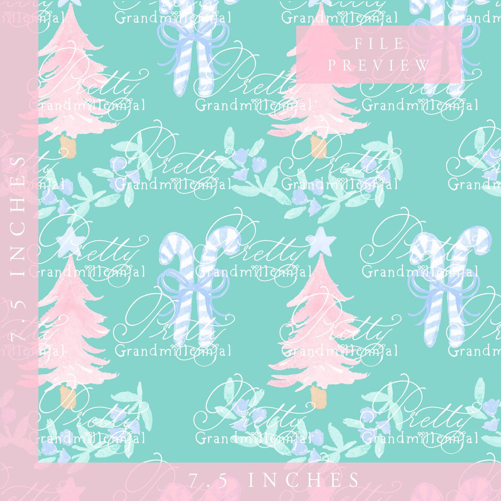 Candy cane pattern, Grandmillennial Christmas pattern, Christmas tree pattern, seamless pattern print, blue Christmas tree pattern - PrettyGrandmillennai