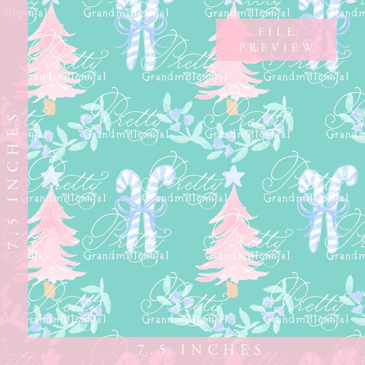 Candy cane pattern, Grandmillennial Christmas pattern, Christmas tree pattern, seamless pattern print, blue Christmas tree pattern - PrettyGrandmillennai