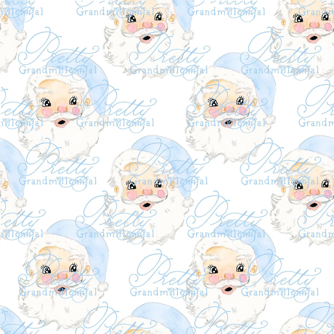 Grandmillennial Santa Pattern, blue hat Santa, santa print, cute santa clipart, vintage santa clipart, blue hat santa print, commercial use - PrettyGrandmillennai