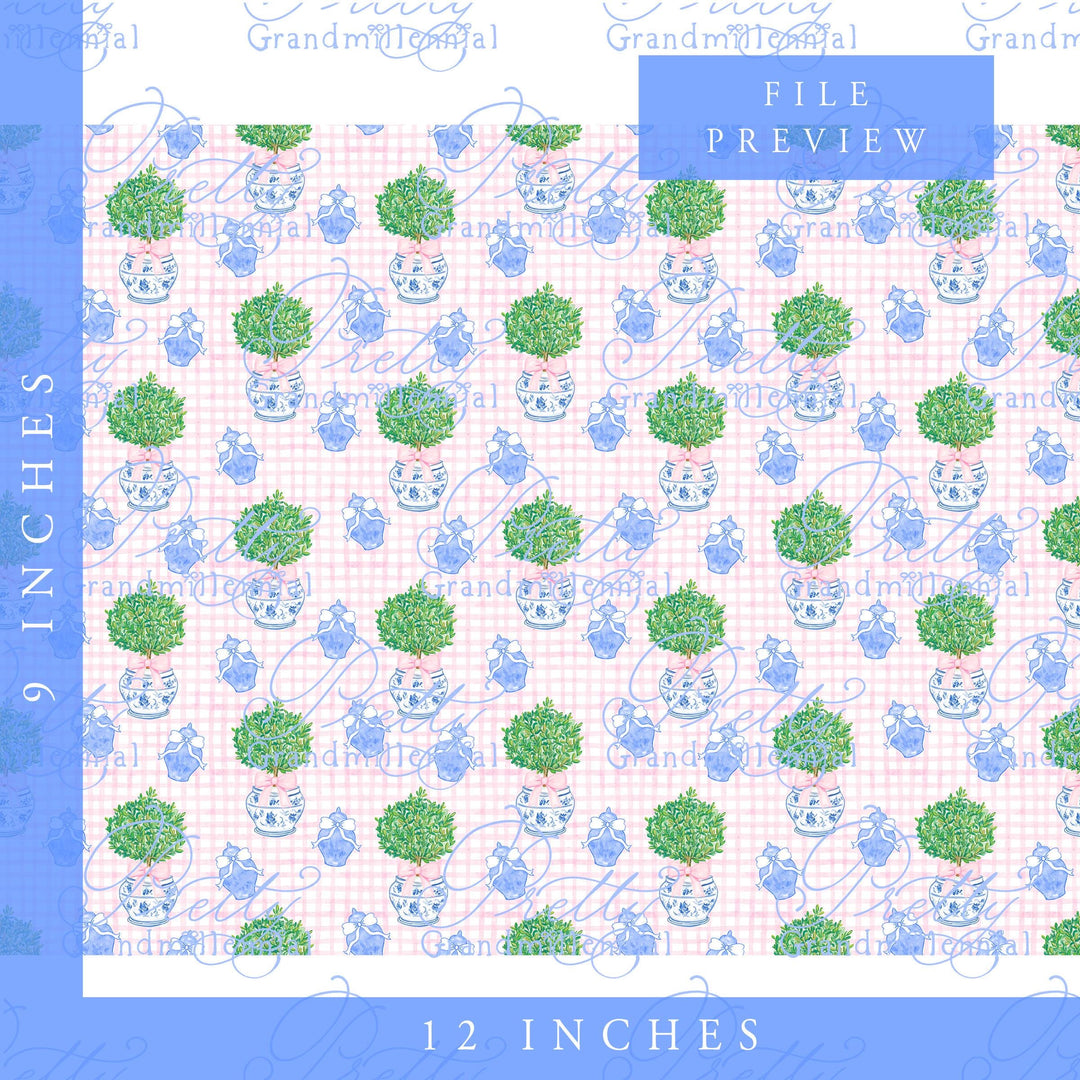 Ginger jar pattern, preppy boxwood pattern, seamless pattern, bow pattern, seamless pattern flowers, ginger jar, grandmillennial pattern - PrettyGrandmillennai