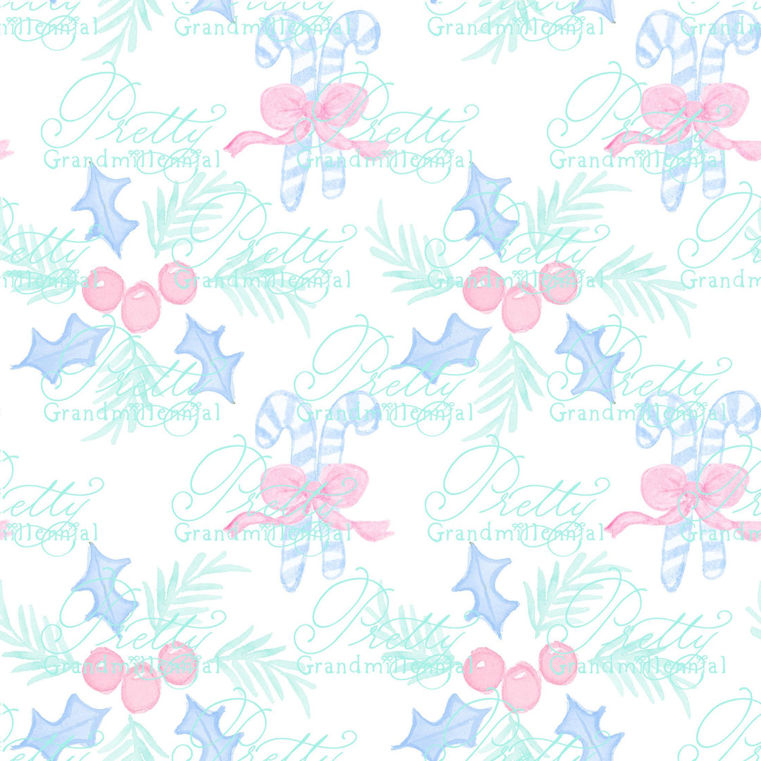 Candy cane Christmas pattern, Grandmillennial, pink holly pattern, seamless pattern print, Christmas holly pattern, commercial use pattern - PrettyGrandmillennai
