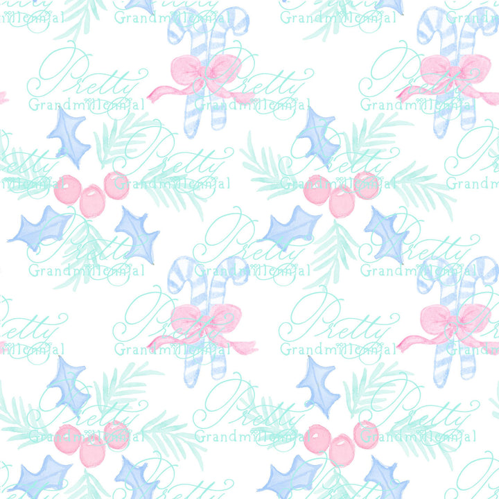 Candy cane Christmas pattern, Grandmillennial, pink holly pattern, seamless pattern print, Christmas holly pattern, commercial use pattern - PrettyGrandmillennai