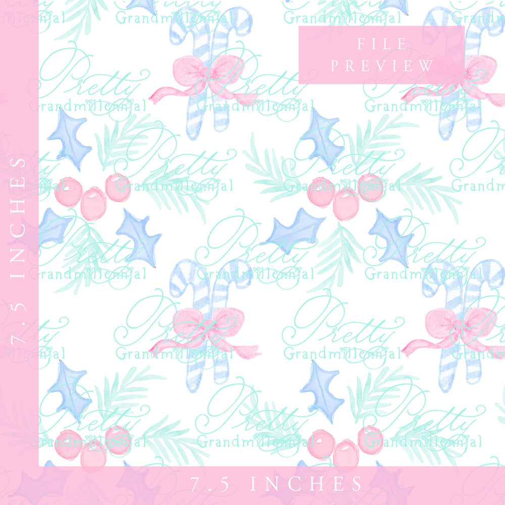 Candy cane Christmas pattern, Grandmillennial, pink holly pattern, seamless pattern print, Christmas holly pattern, commercial use pattern - PrettyGrandmillennai